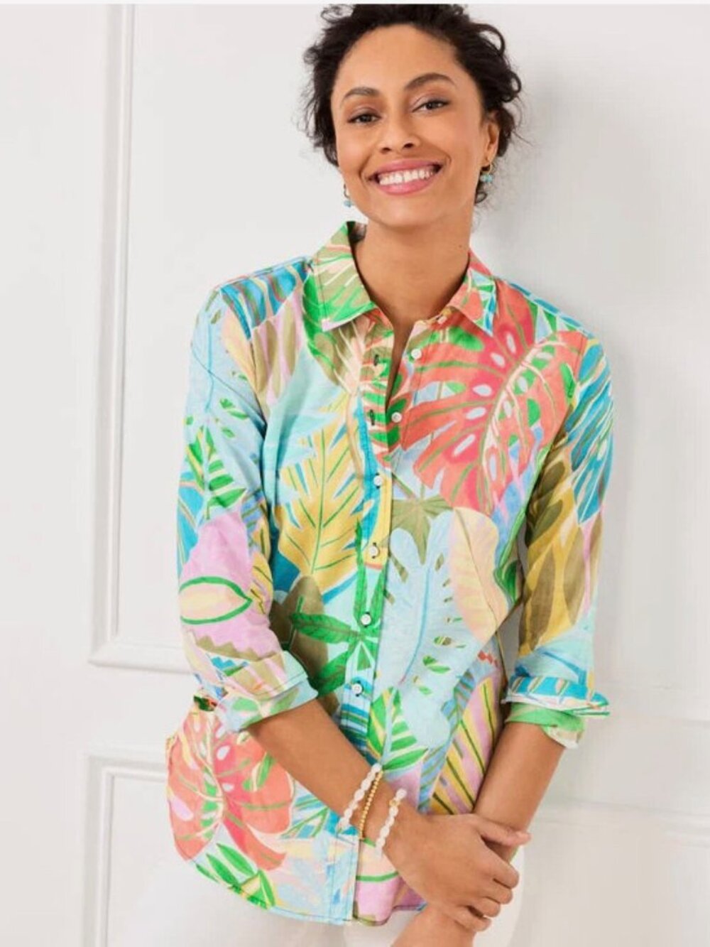 NWT Tropical Print Cotton Button Down Shirt L/S Size S Talbots 100% Woven Cotton
